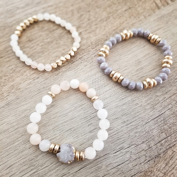 Boho Semi Precious Stone Bracelet Set Druzy Stretch Bracelets - Picture 4 of 4